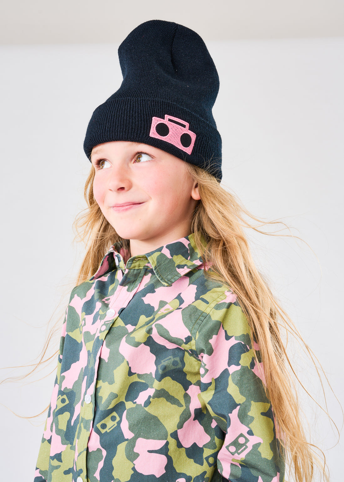 Kids Self expression is amplified in style with new Camo Zip Shirt and Hot Pink Boombox Knit Beanie Cap
