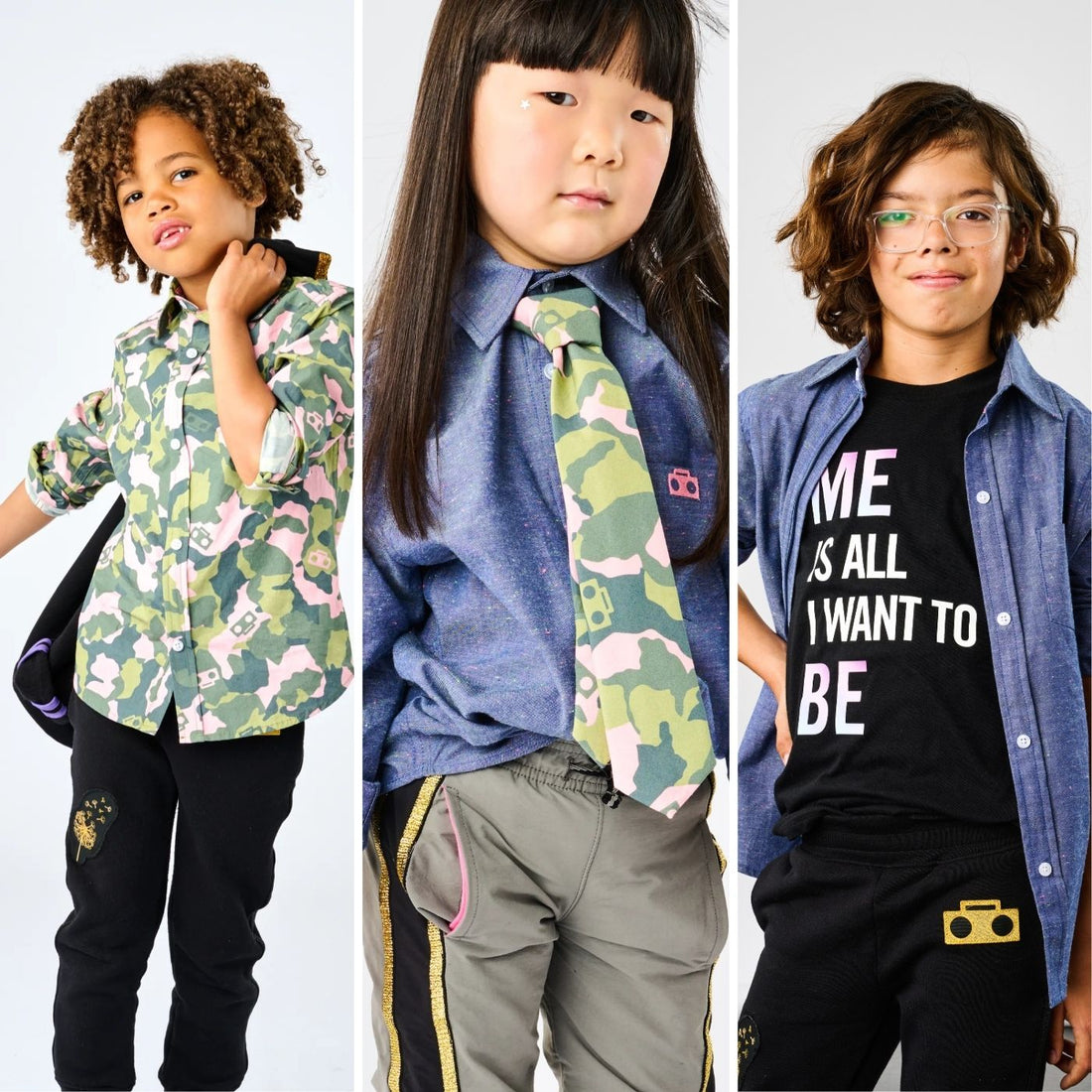 StereoType Kids spring sale featuring the Camo Button-Down Zip Shirt, Zip Camo Tie and Me Is All I Want To Be tee with Chambray shirt