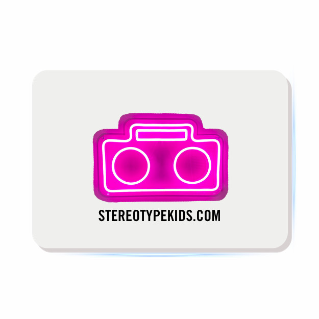 A pink gift card with a neon sign of two stereo speakers and the text 'stereotypekids.com'.
