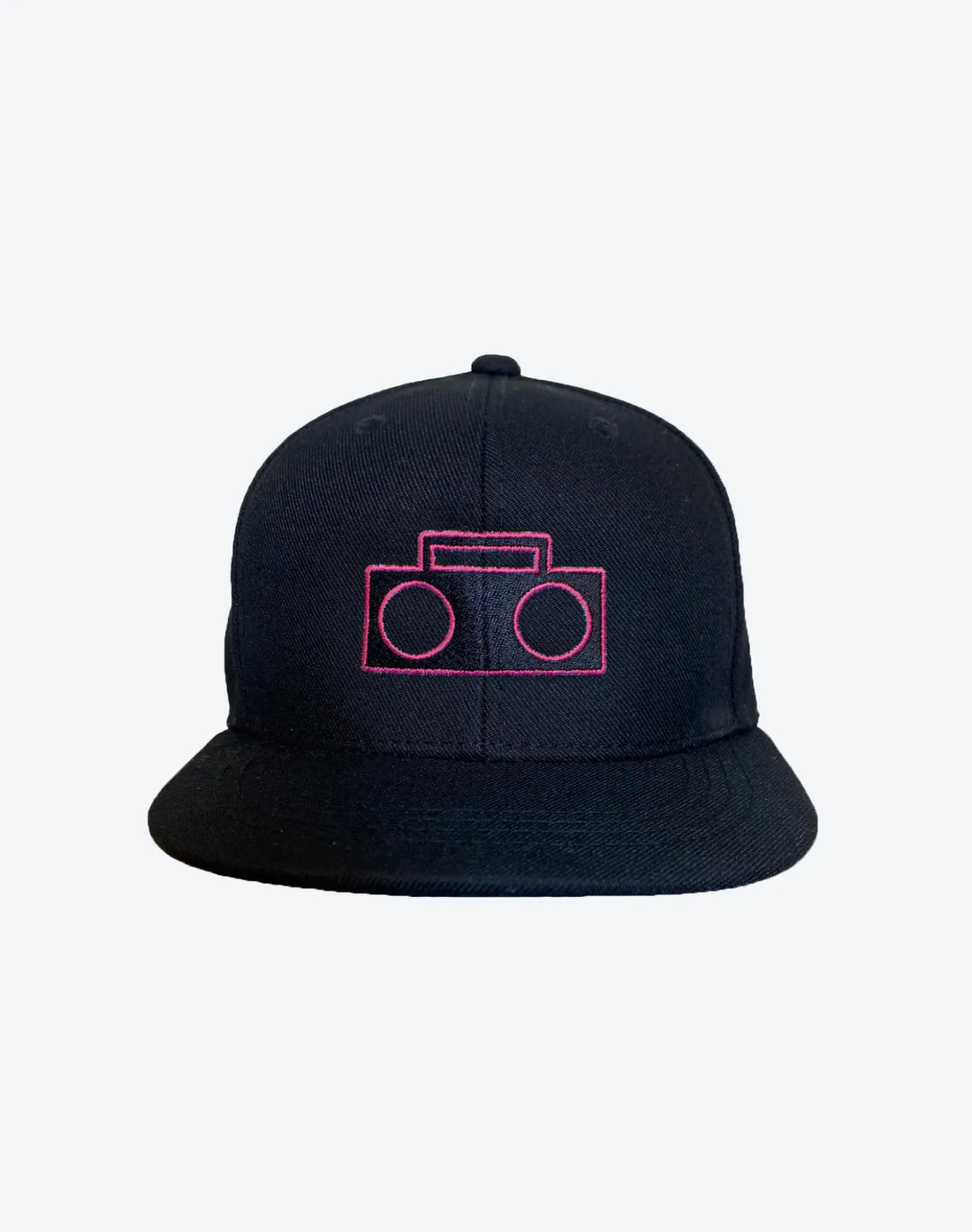 StereoType Kids black youth Boombox Baseball Cap with pink embroidered boombox logo, flat bill snapback