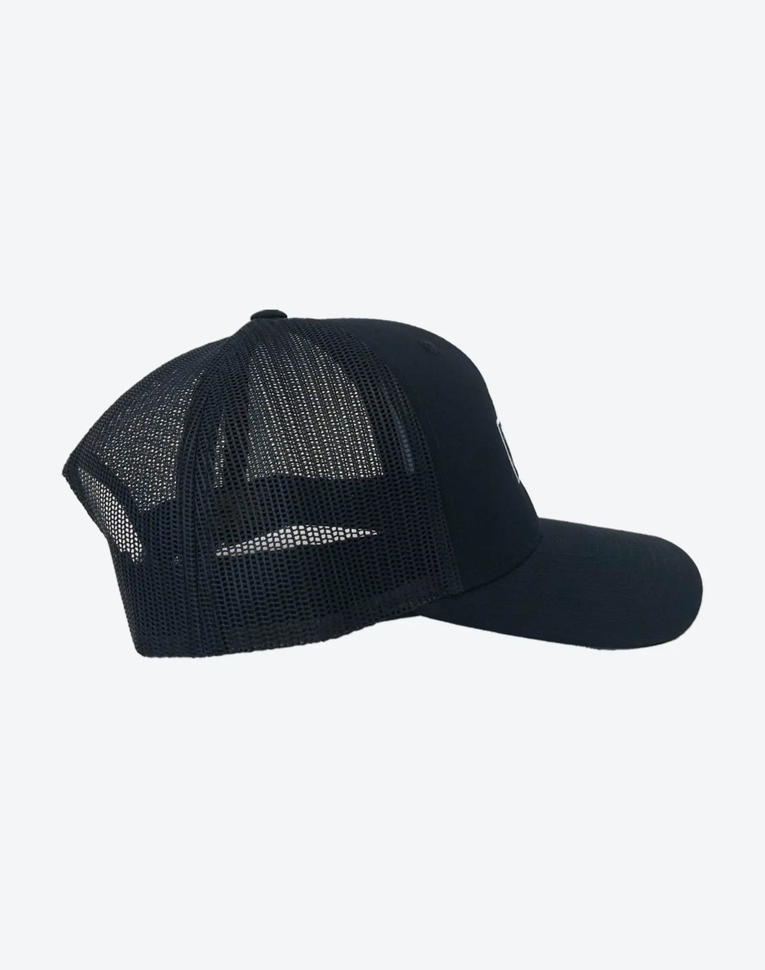 Side view of StereoType Kids black adult Boombox Trucker Cap showing breathable mesh back panels and adjustable snapback closure