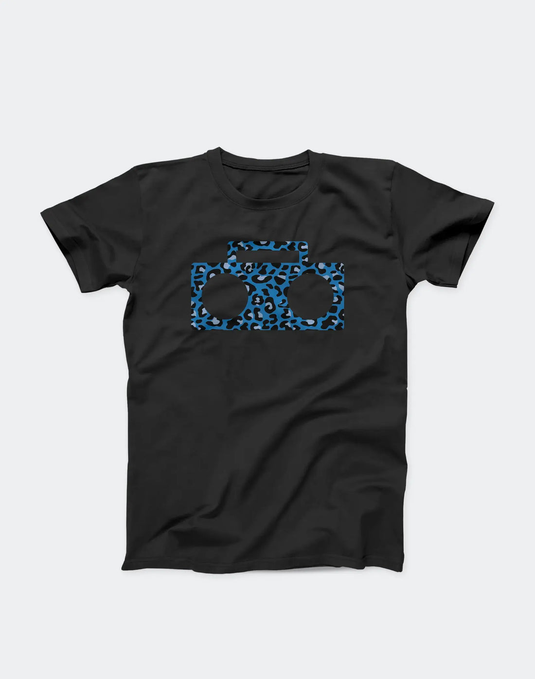 StereoType Kids Cheetah Boombox unisex kids black graphic t-shirt flatlay featuring teal blue cheetah print boombox logo, screen printed in California