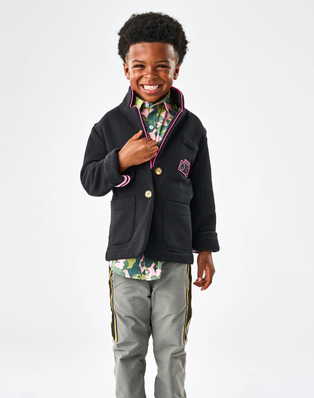 Child wearing StereoType Kids Hot Pink Boombox Blazer with Camo Button-Down Zip Shirt and Active Pant, unisex kids gender-inclusive sustainable blazer made in the USA