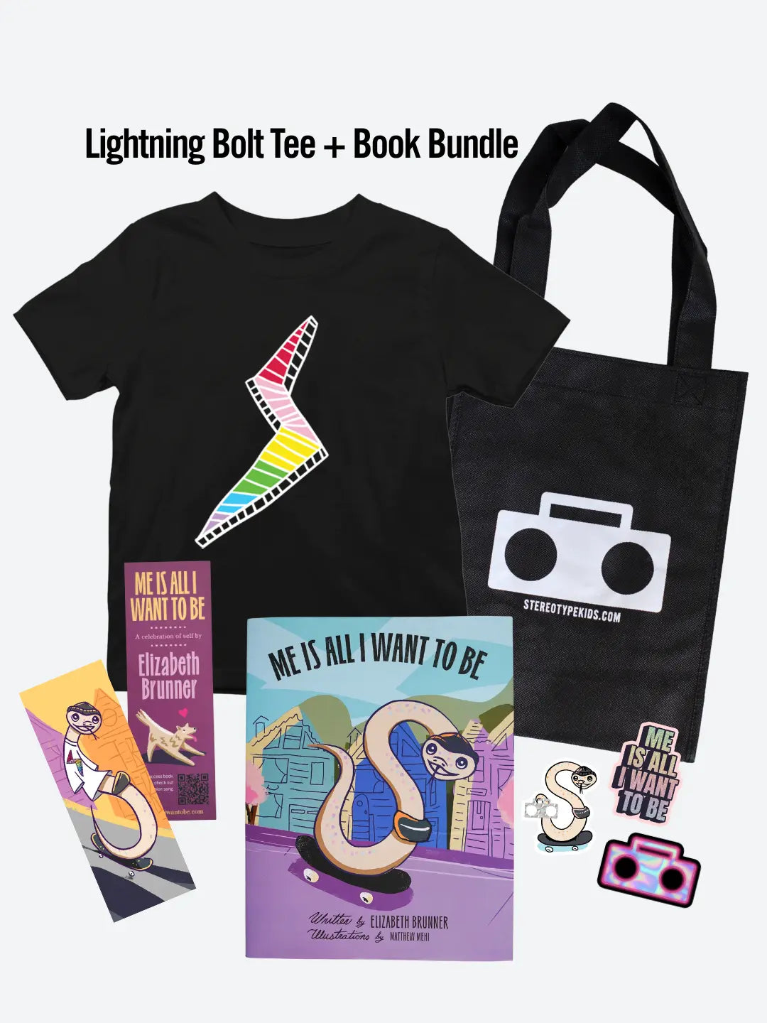 StereoType Kids Lightning Bolt Tee and Book Bundle flatlay showing black Lightning Bolt graphic tee, Me Is All I Want To Be hardcover book by Elizabeth Brunner, Boombox tote bag, bookmark and stickers
