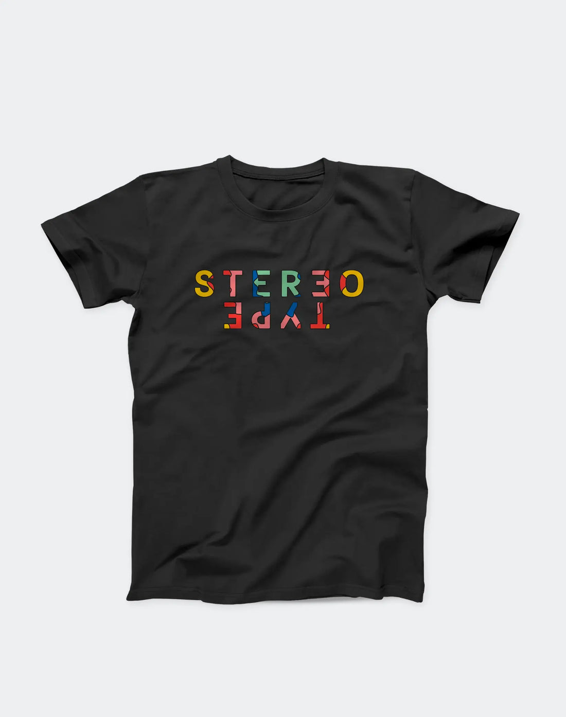 StereoType Kids Kaleidoscope Logo Tee adult unisex black graphic t-shirt flatlay featuring multicolor kaleidoscope mirrored STEREOTYPE wordmark, designed in San Francisco