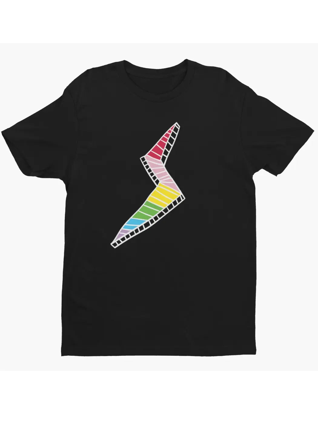StereoType Kids Lightning Bolt unisex adult black graphic t-shirt flatlay featuring rainbow lightning bolt designed by co-founder Chloe, screen printed in California