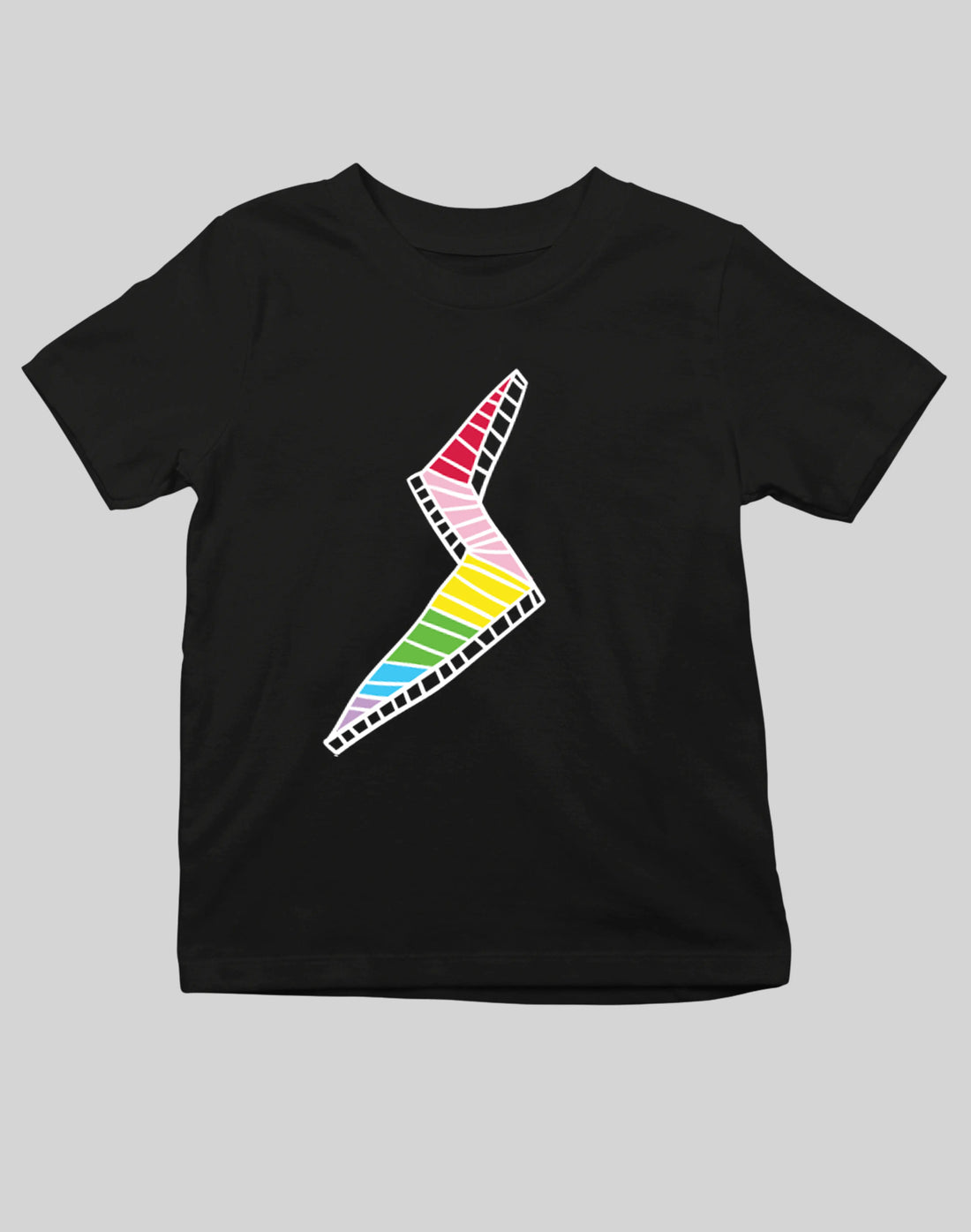 StereoType Kids Lightning Bolt unisex kids black graphic t-shirt flatlay featuring rainbow lightning bolt designed by co-founder Chloe, screen printed in California
