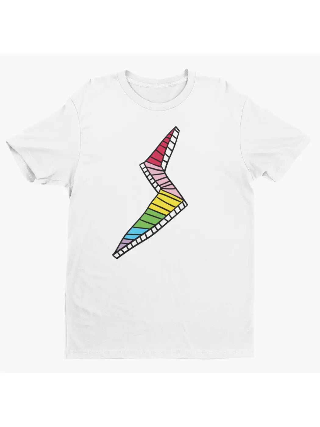 StereoType Kids Lightning Bolt unisex adult white graphic t-shirt flatlay featuring rainbow lightning bolt designed by co-founder Chloe, screen printed in California