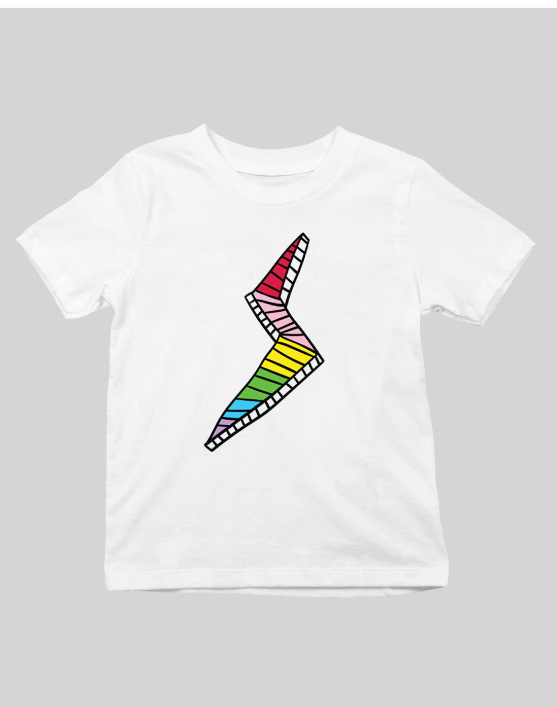 StereoType Kids Lightning Bolt unisex kids white graphic t-shirt flatlay featuring rainbow lightning bolt designed by co-founder Chloe, screen printed in California