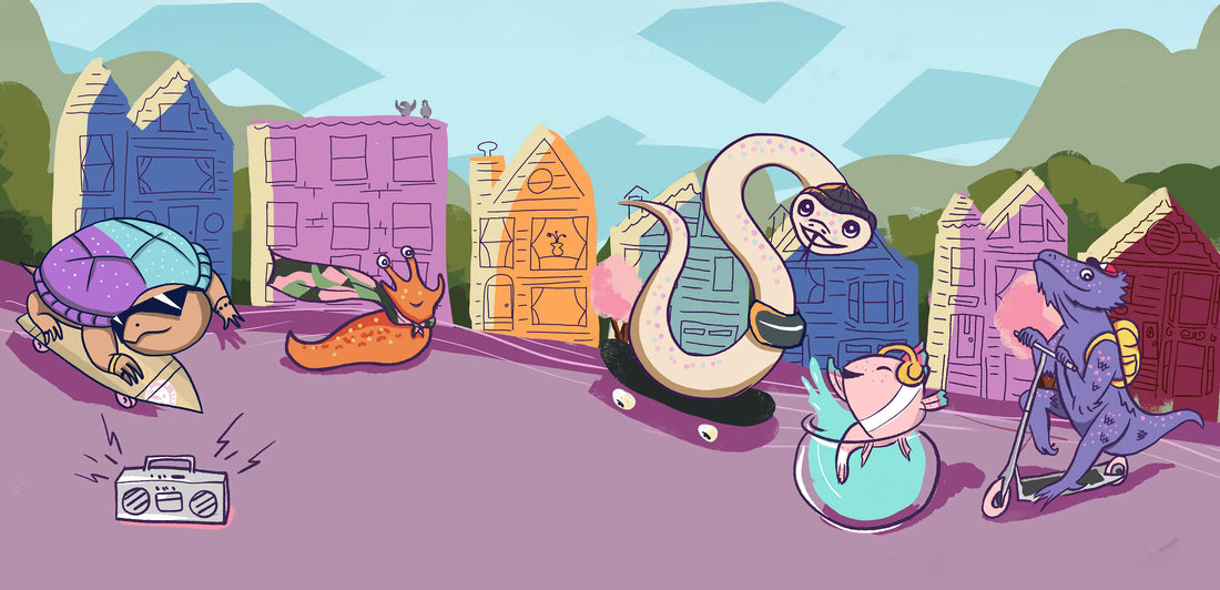 Illustrated characters from Me Is All I Want To Be including Stereo the Snake skateboarding through a colorful San Francisco neighborhood