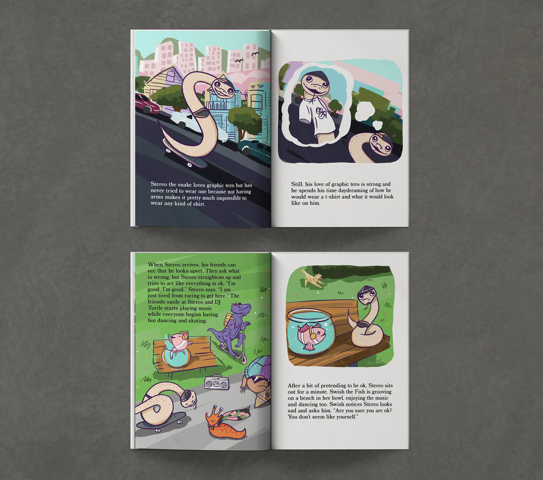 Interior pages of Me Is All I Want To Be children's book showing Stereo the snake illustrated by Matthew Mehl