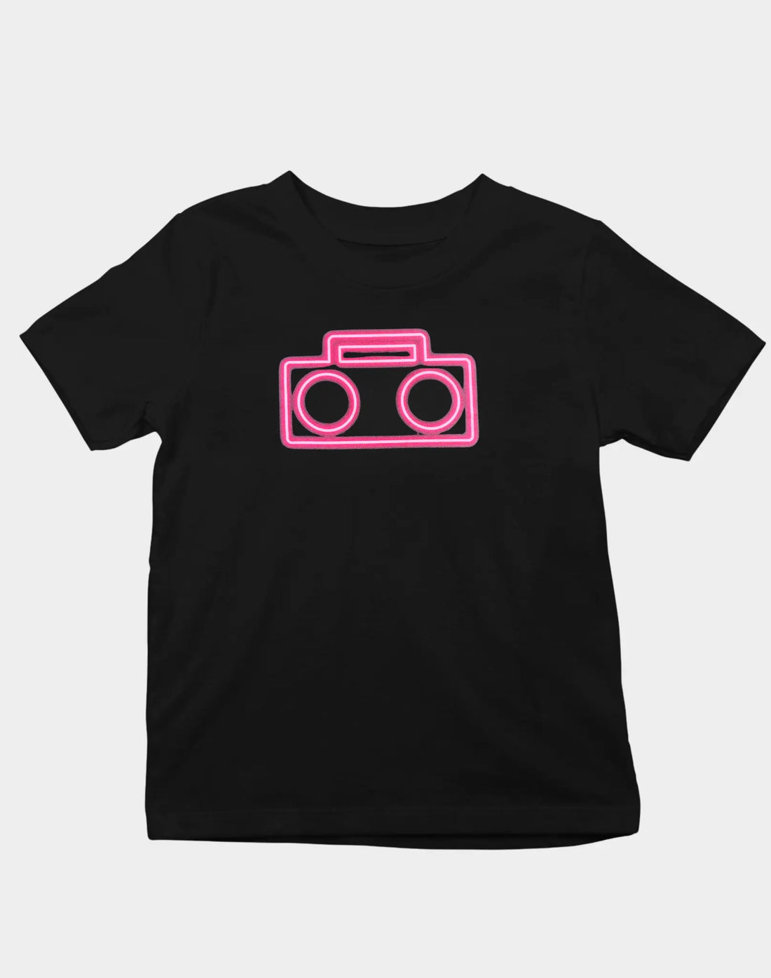 StereoType Kids adult black Neon Boombox graphic t-shirt with pink neon boombox design, gender-inclusive