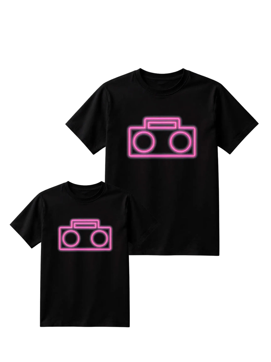 StereoType Kids Neon Boombox Mini-Me bundle featuring matching adult and youth black graphic t-shirts with pink neon boombox design