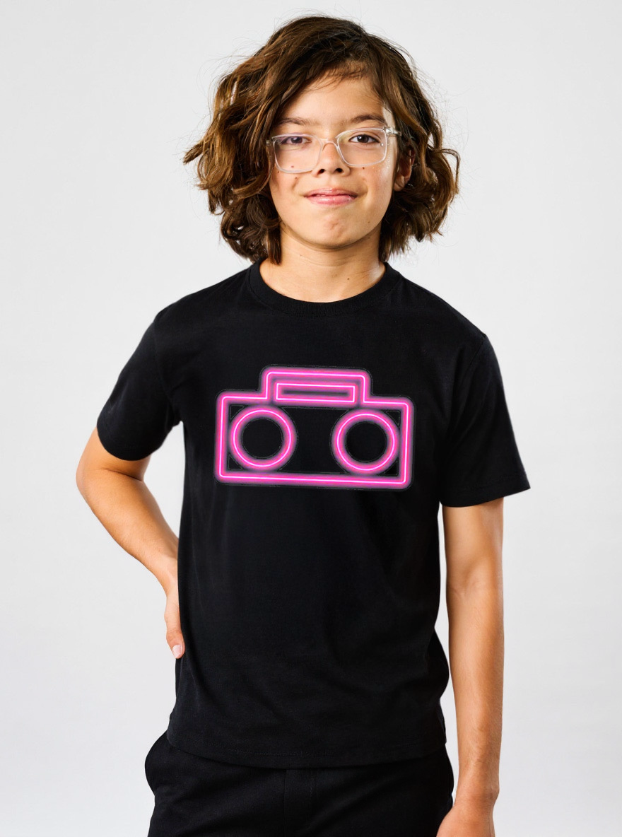 Co-founder Jacob - Kid wearing StereoType neon boombox graphic t-shirt in black