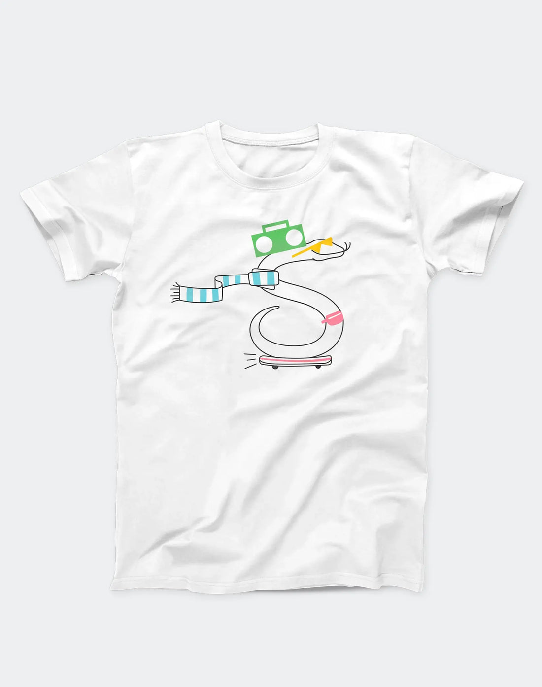 StereoType Kids OG Stereo the Snake unisex kids white graphic t-shirt flatlay featuring original skateboarding snake with green boombox hat and blue striped scarf