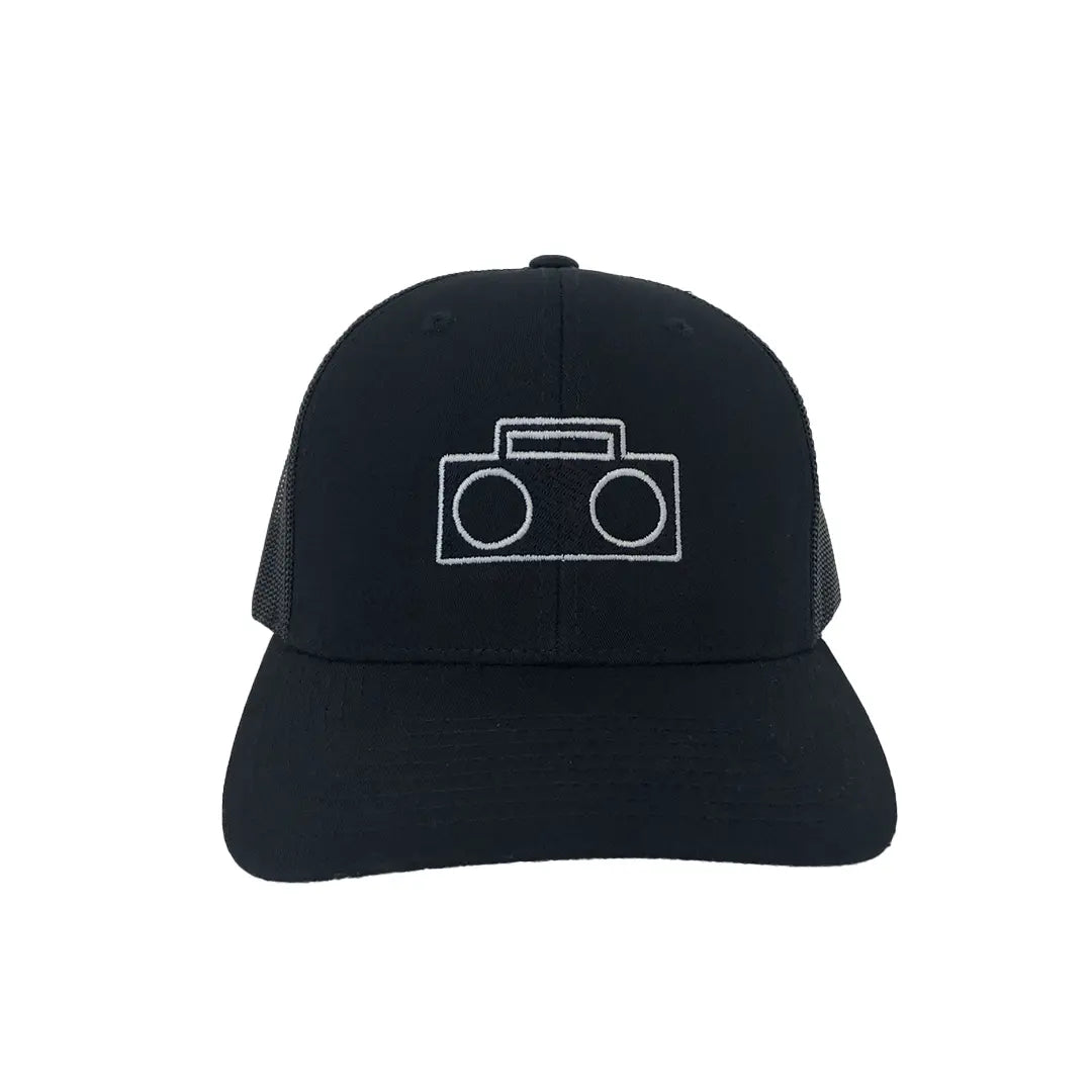 StereoType Kids black adult Boombox Trucker Cap with white embroidered boombox logo and breathable mesh back, front view
