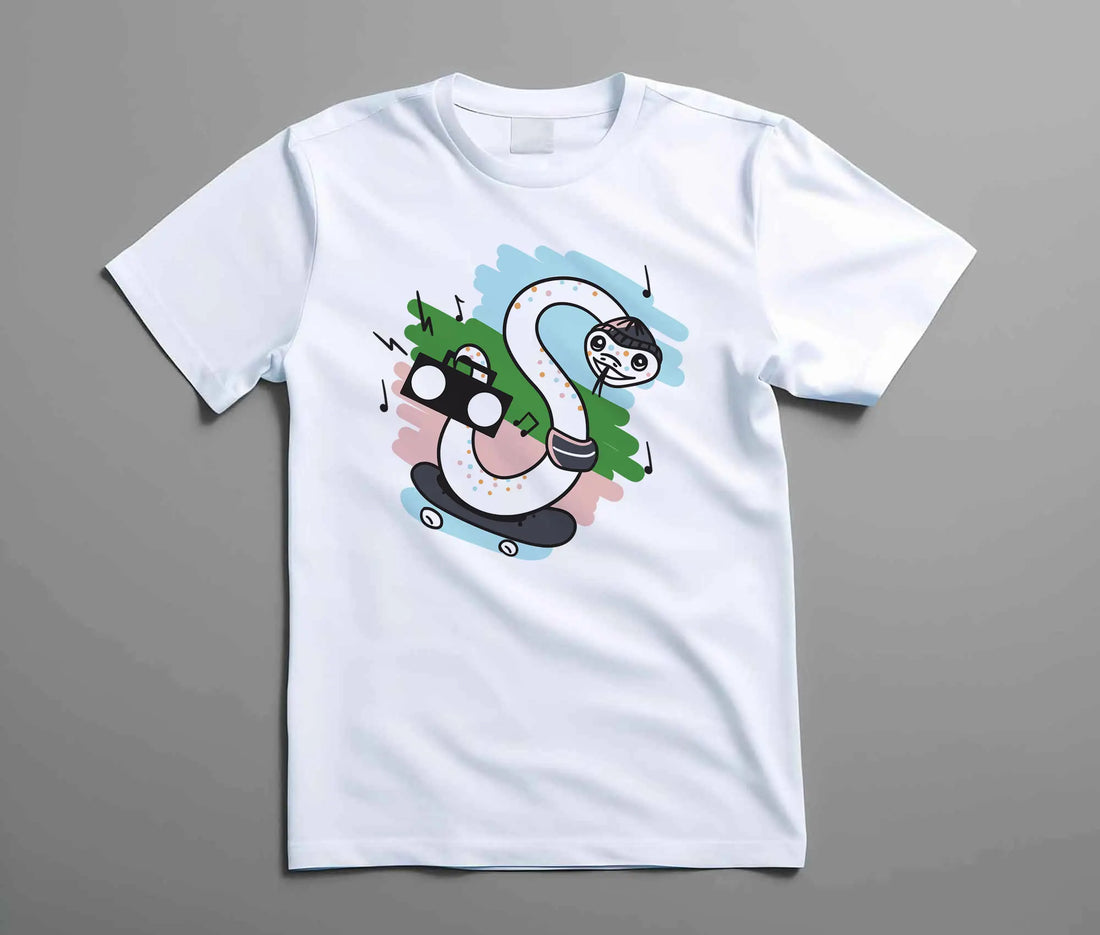 StereoType Kids Stereo the Snake white graphic t-shirt flatlay, featuring snake character from Me Is All I Want To Be