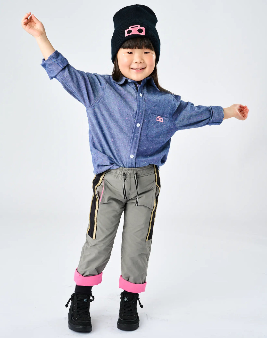 Stereotype Kids Active Pant full front view with gold sparkle stripe, pink cuff lining and drawstring waist for growing kids