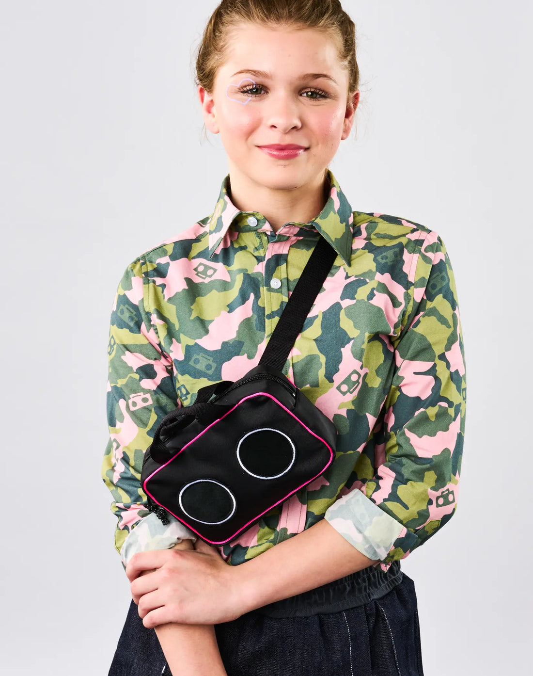 Stereotype Kids Boombox Camo Zip Shirt styled with Boombox Treasure Bag crossbody, exclusive floating boombox camo print
