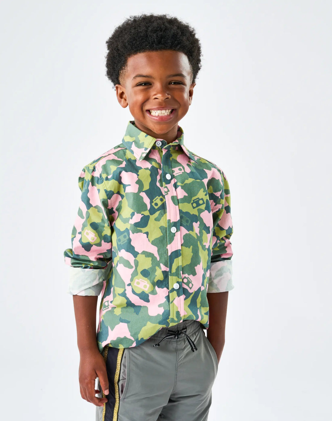 Stereotype Kids Boombox Camo Zip Shirt full front view showing exclusive STK boombox camo print and adaptive zip closure