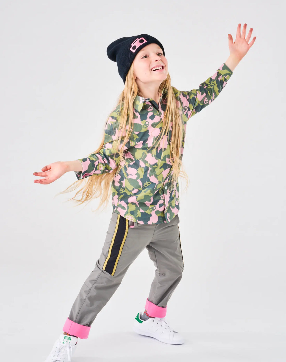 Stereotype Kids Boombox Camo Zip Shirt worn as statement shirt over grey StereoType Kids Active pants,  adaptive zip front, designed for all kids