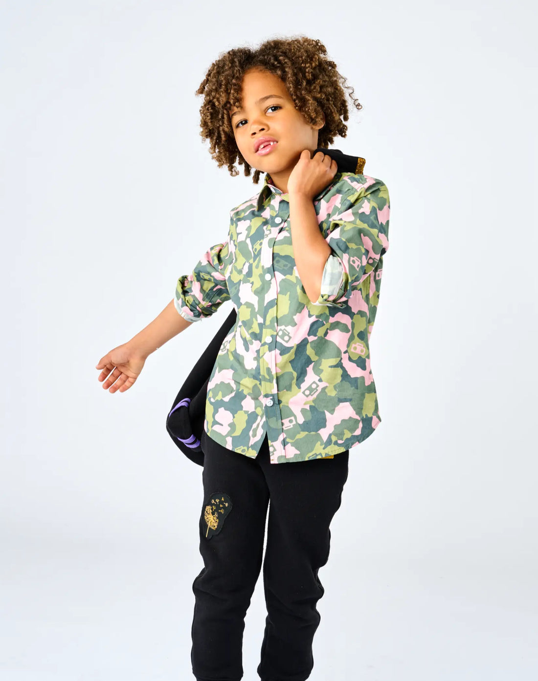Stereotype Kids Boombox Camo Zip Shirt layered as lightweight jacket with Boombox Knit Sweats,  two ways to wear