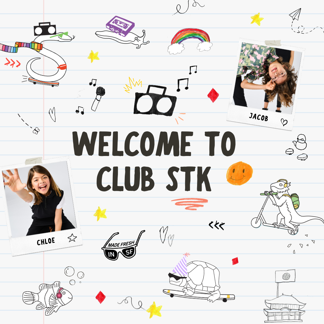 Welcome to Club STK banner featuring StereoType Kids co-founders Chloe and Jacob with hand-drawn illustrations