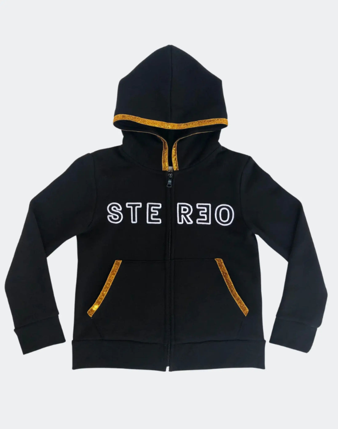Black hoodie with 'STEREO' text on a white background