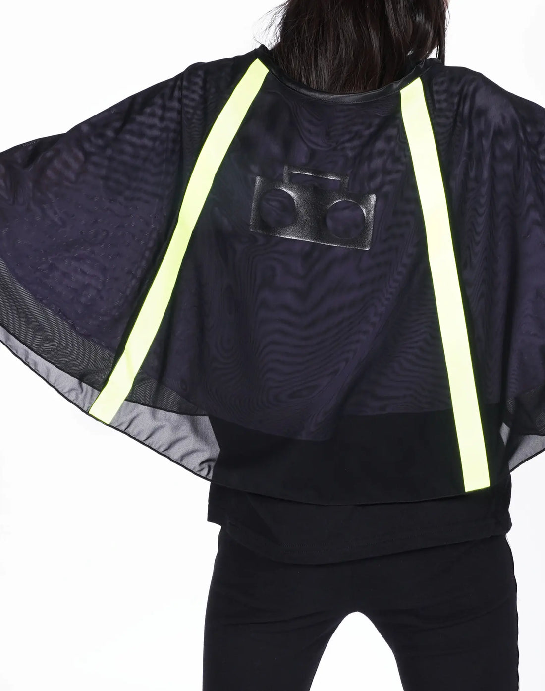 Stereotype Kids Hero Skirt back view in navy mesh with neon yellow stripes and boombox logo detail