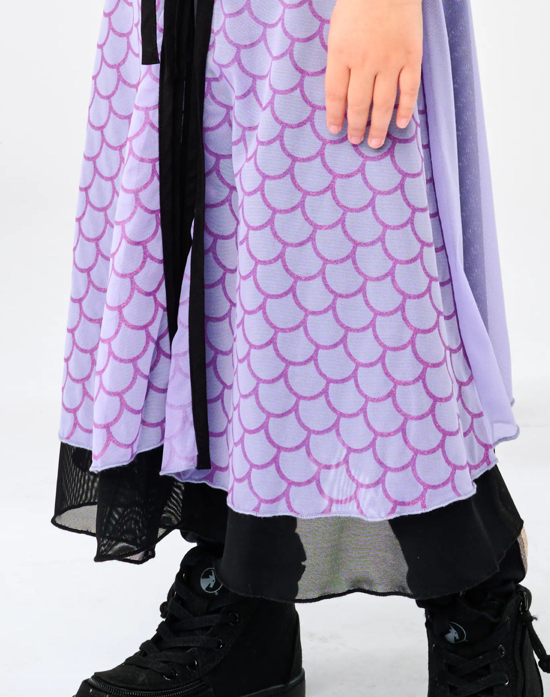 Stereotype Kids Hero Skirt detail showing purple mermaid scale print, chiffon overlay and black mesh hem