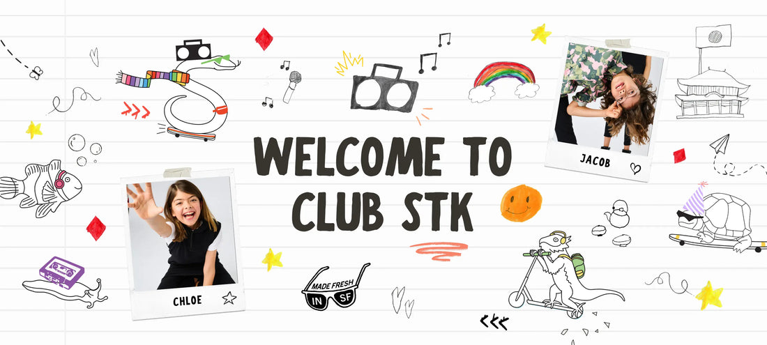 Welcome to Club STK banner featuring StereoType Kids co-founders Chloe and Jacob with hand-drawn illustrations