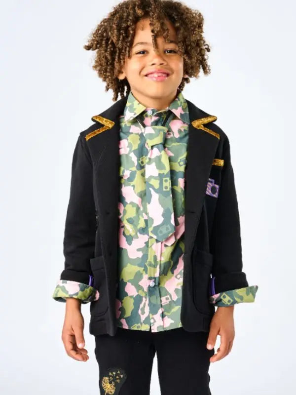 Child wearing unisex gender inclusive OG Boombox Blazer with gold accents and a boombox zip up button down shirt on a white background