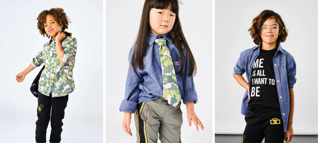 StereoType Kids spring sale featuring the Camo Button-Down Zip Shirt, Zip Camo Tie and Me Is All I Want To Be tee with Chambray shirt