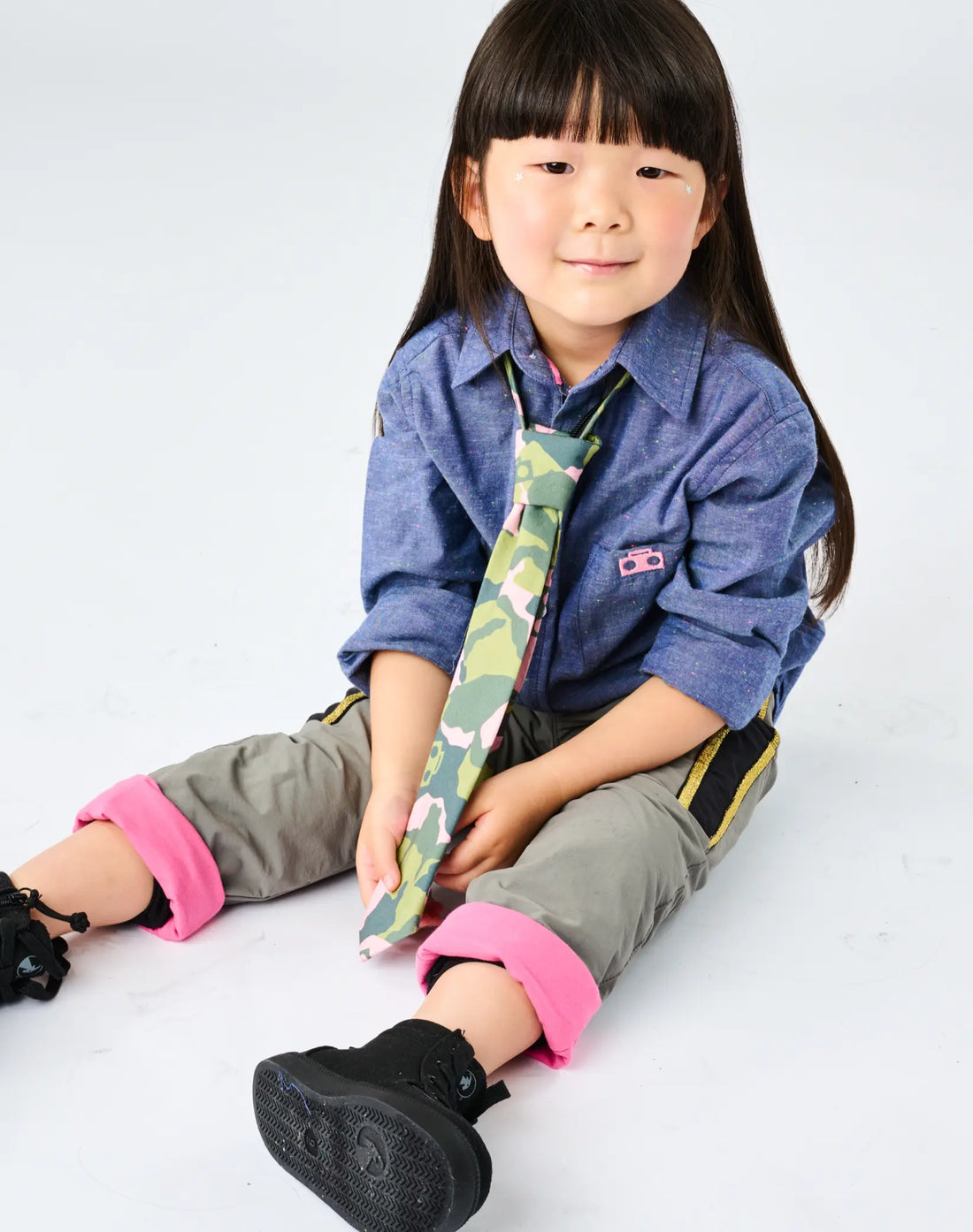 Stereotype Kids Zip Camo Tie styled with chambray shirt and grey StereoType Active Pants, easy adaptive zipper closure kids can put on themselves
